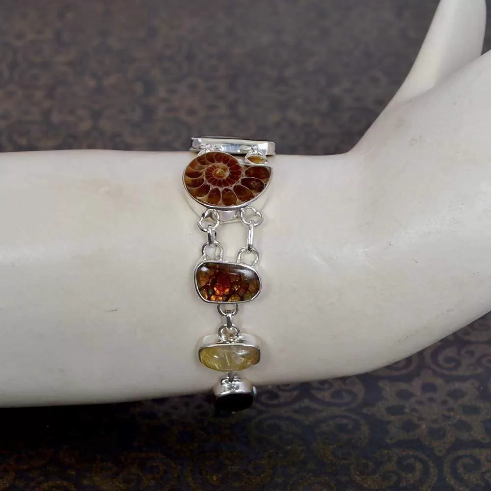 Newest And Unique Design! Real Ammolite And Ammonite Multi Gemstone Sterling Silver Birthstone Bracelet Jewelry