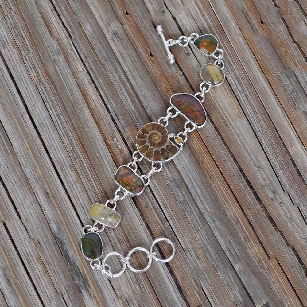 Newest And Unique Design! Real Ammolite And Ammonite Multi Gemstone Sterling Silver Birthstone Bracelet Jewelry