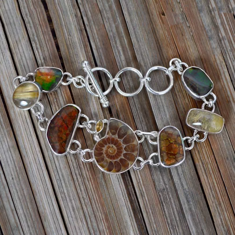 Newest And Unique Design! Real Ammolite And Ammonite Multi Gemstone Sterling Silver Birthstone Bracelet Jewelry