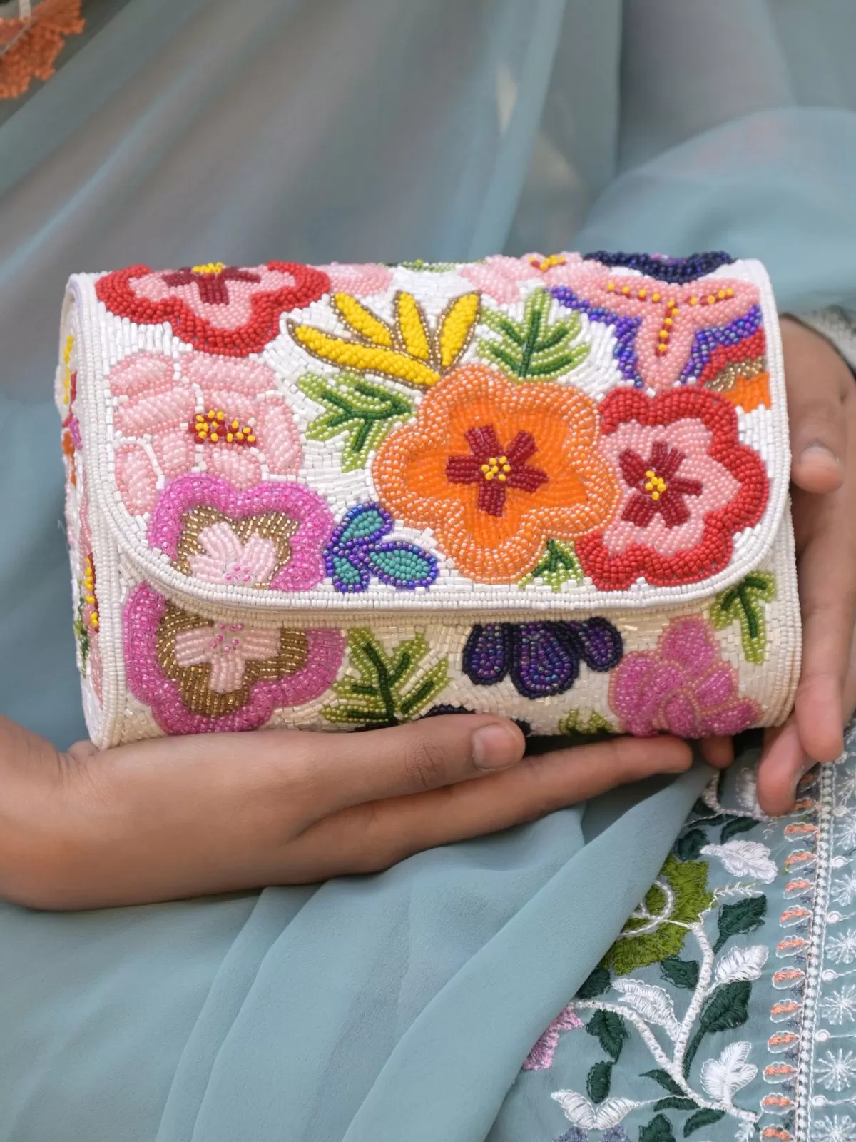 Odette White Floral Embroidered Clutch For Women