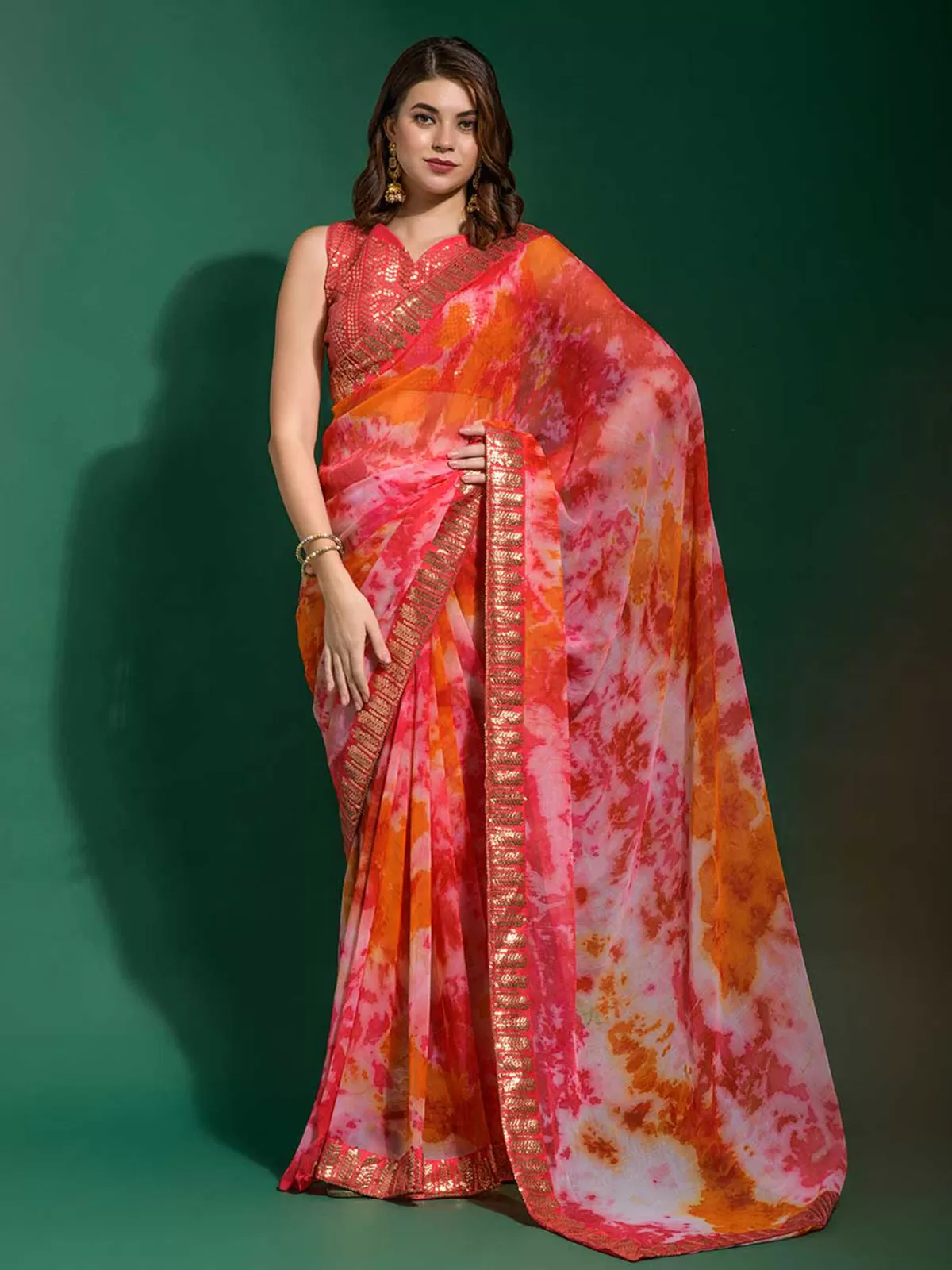 Odette Women Pink Georgette Saree With Blouse Piece