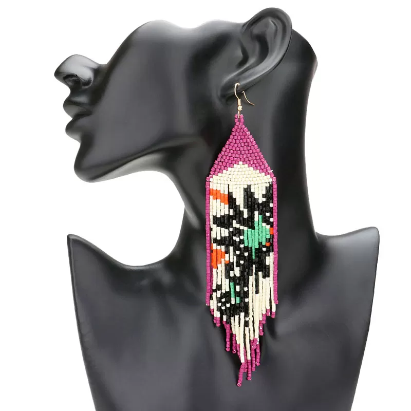 Pattern Detailed Beaded Fringe Dangle Earrings