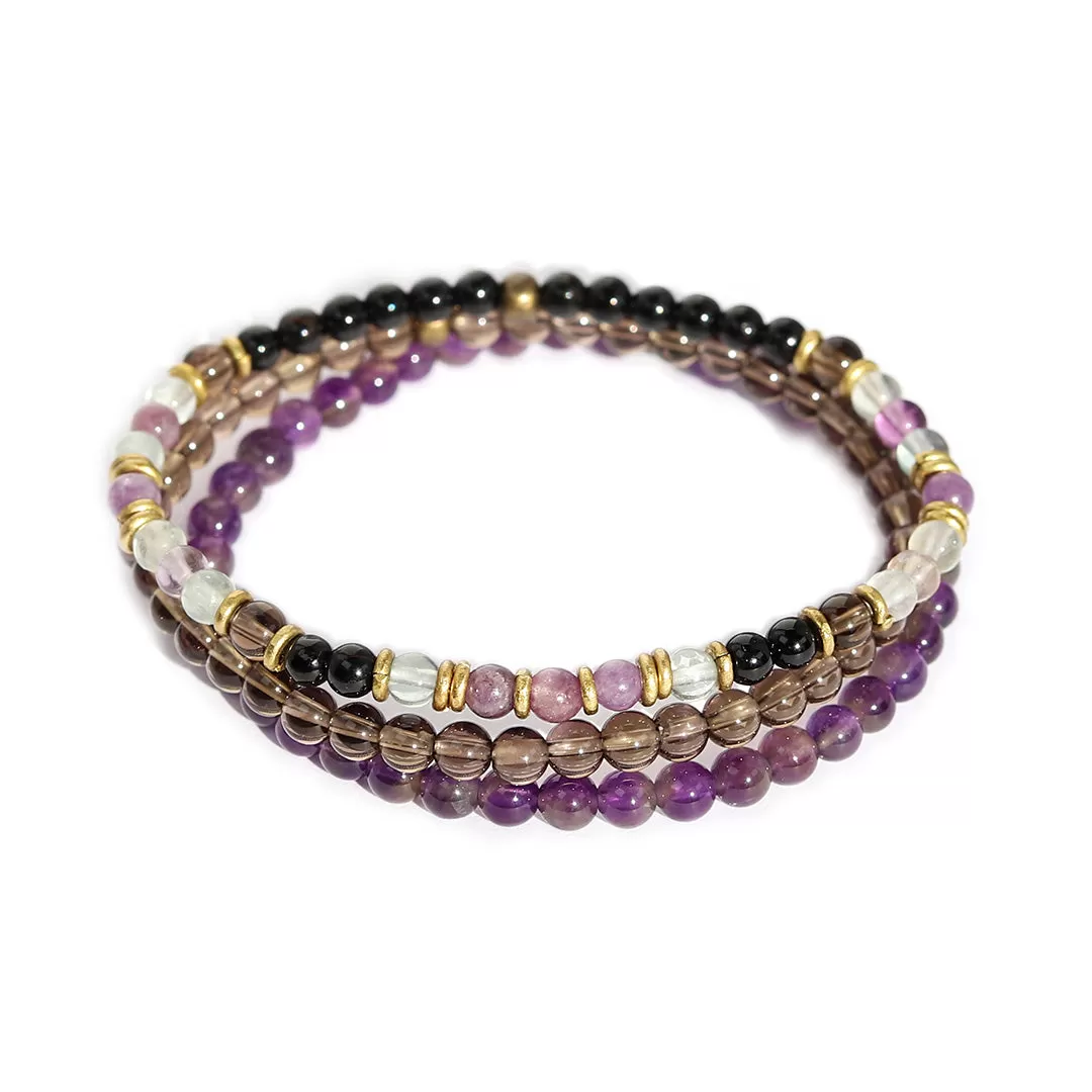 Protection and Good Energy Black Tourmaline Smoky Quartz and Amethyst Delicate Bracelet Stack