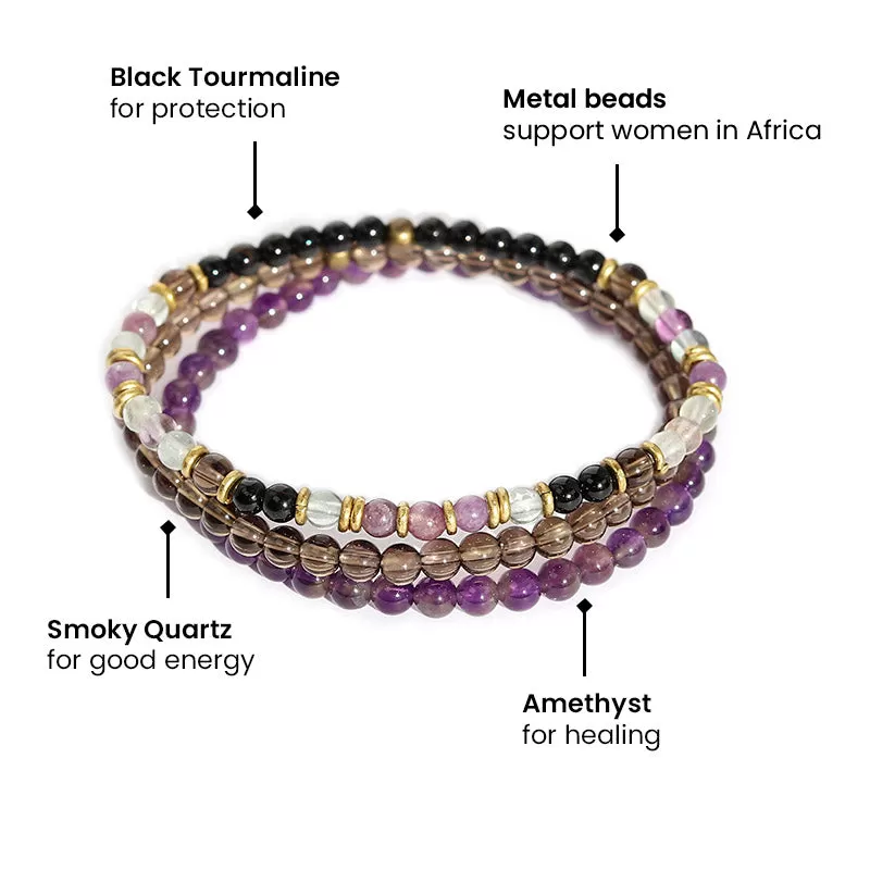 Protection and Good Energy Black Tourmaline Smoky Quartz and Amethyst Delicate Bracelet Stack