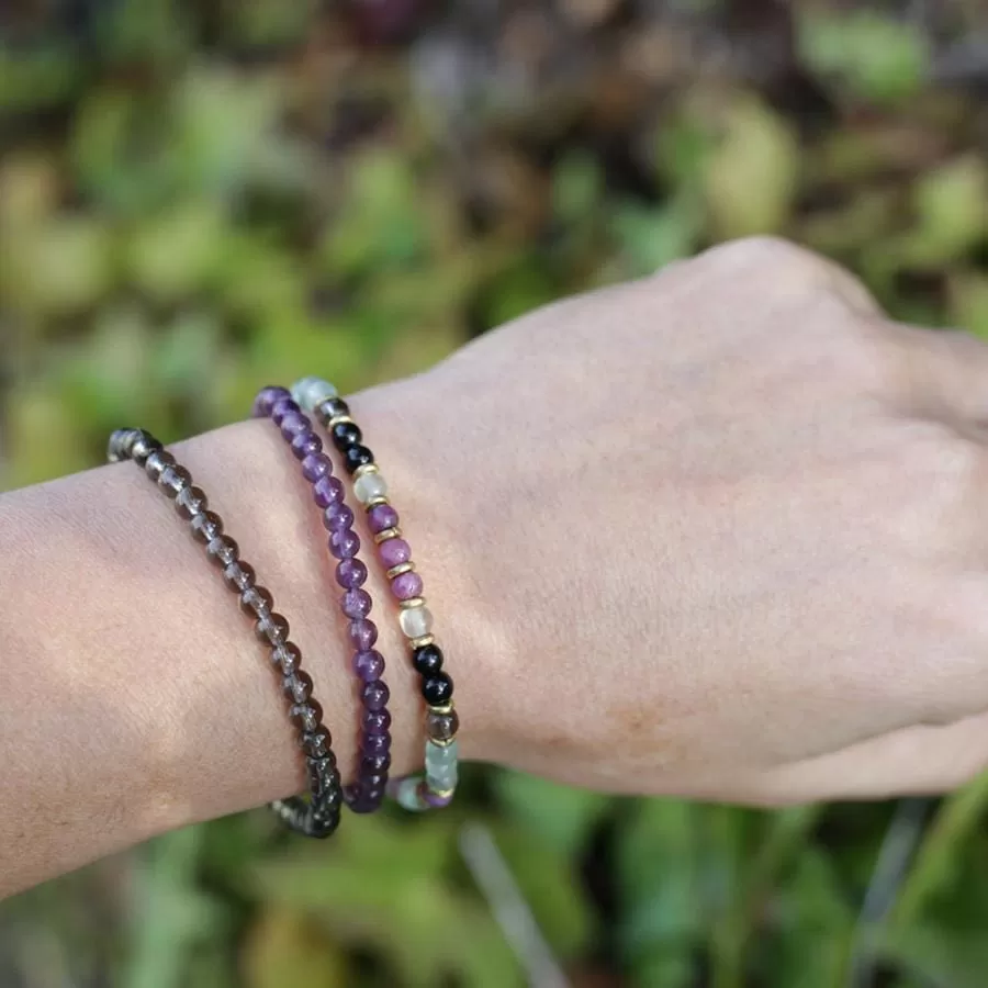 Protection and Good Energy Black Tourmaline Smoky Quartz and Amethyst Delicate Bracelet Stack