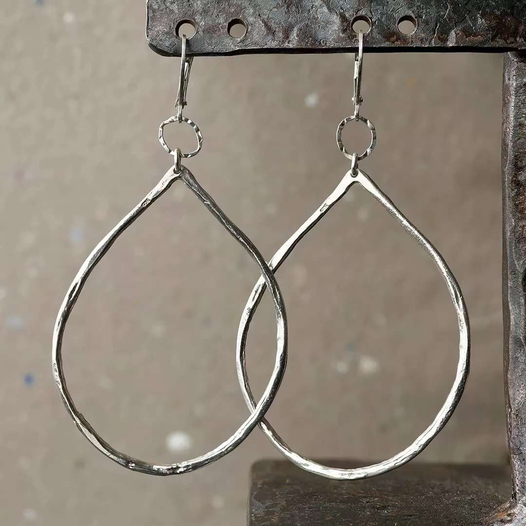 Raindrop - Hand Forged Distressed Sterling Silver Hoop Earrings