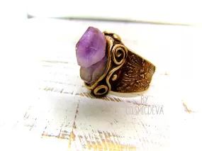 Raw Amethyst Ring , Purple Crystal Statement Gold Bronze Wide Band Ring SIZE US 8 Ring