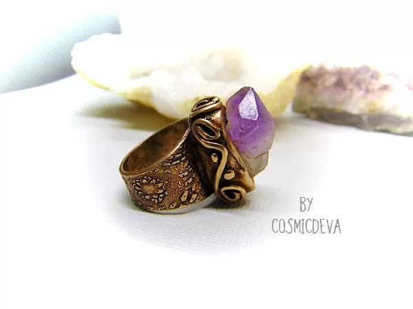 Raw Amethyst Ring , Purple Crystal Statement Gold Bronze Wide Band Ring SIZE US 8 Ring