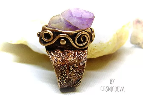 Raw Amethyst Ring , Purple Crystal Statement Gold Bronze Wide Band Ring SIZE US 8 Ring