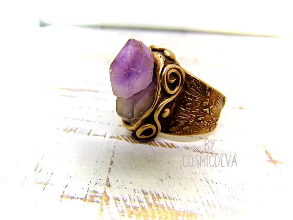 Raw Amethyst Ring , Purple Crystal Statement Gold Bronze Wide Band Ring SIZE US 8 Ring