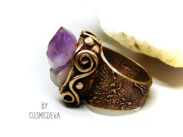 Raw Amethyst Ring , Purple Crystal Statement Gold Bronze Wide Band Ring SIZE US 8 Ring