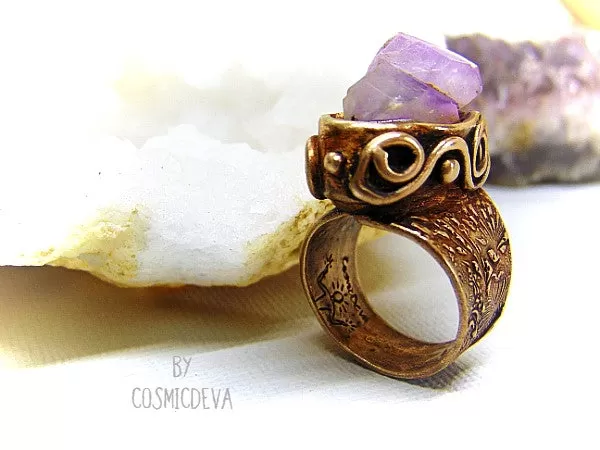 Raw Amethyst Ring , Purple Crystal Statement Gold Bronze Wide Band Ring SIZE US 8 Ring