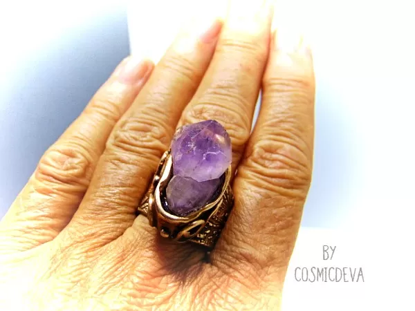 Raw Amethyst Ring , Purple Crystal Statement Gold Bronze Wide Band Ring SIZE US 8 Ring