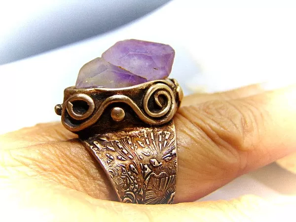 Raw Amethyst Ring , Purple Crystal Statement Gold Bronze Wide Band Ring SIZE US 8 Ring