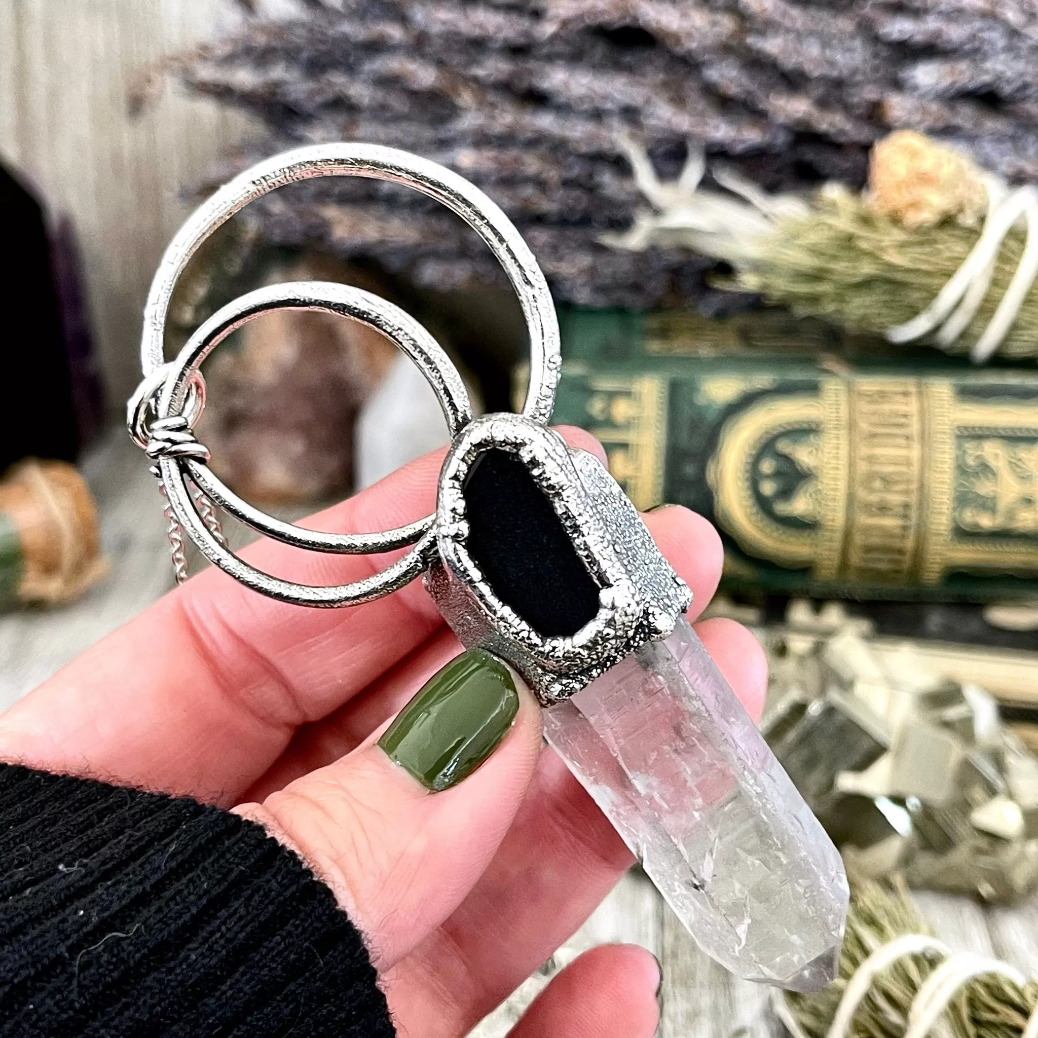 Raw Clear Quartz & Black Onyx Crystal Statement Necklace in Fine Silver / Foxlark Collection - One of a Kind