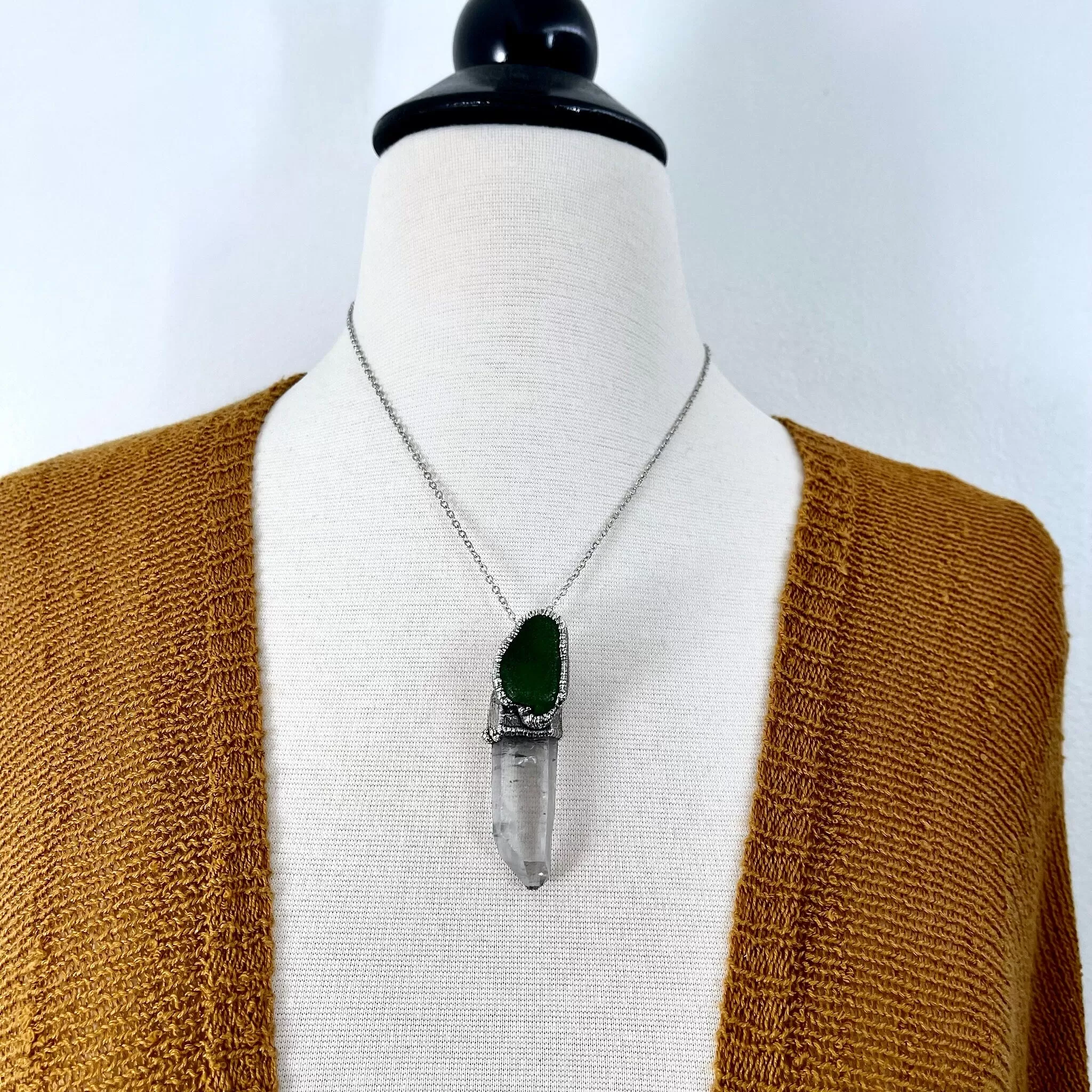 Raw Clear Quartz & Green Sea Glass Crystal Necklace in Fine Silver / Foxlark Collection - One of a Kind