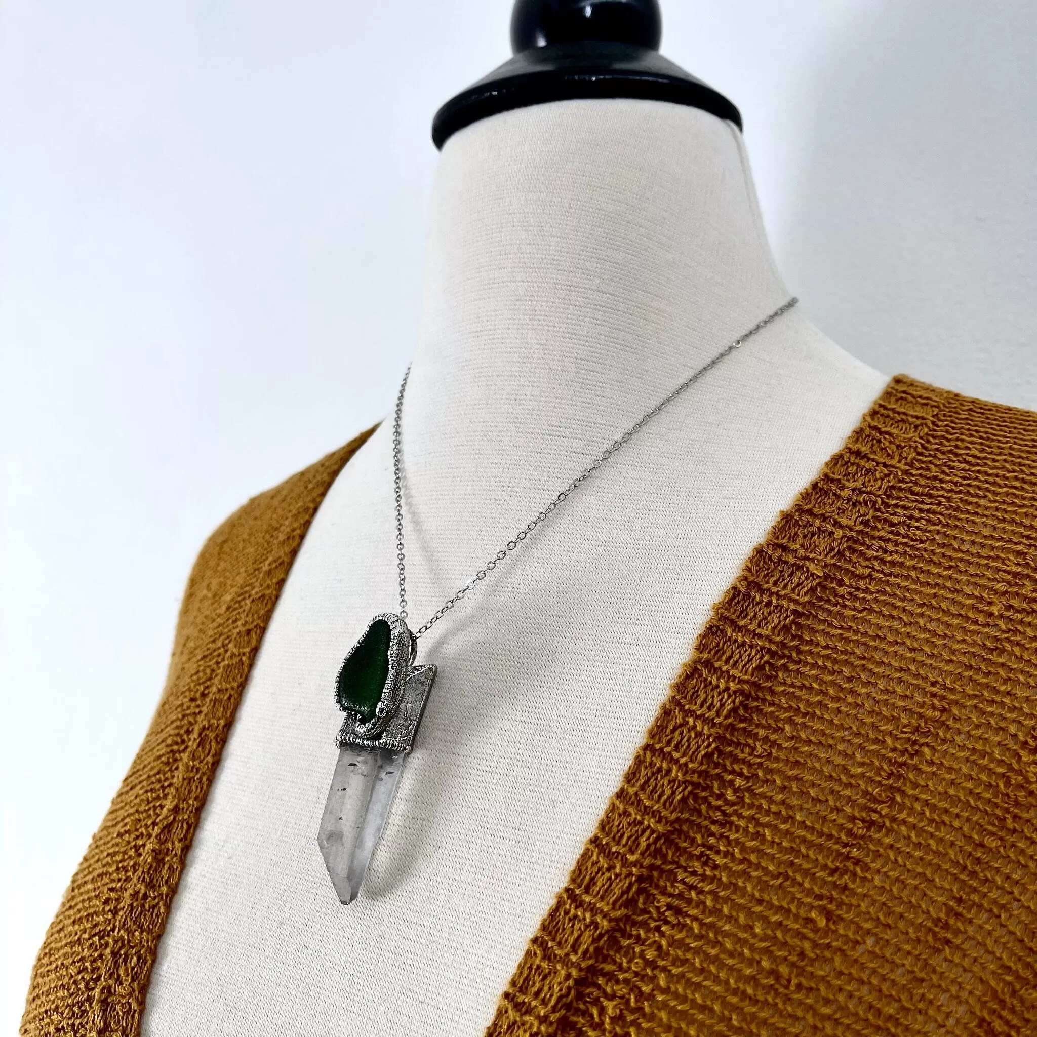 Raw Clear Quartz & Green Sea Glass Crystal Necklace in Fine Silver / Foxlark Collection - One of a Kind