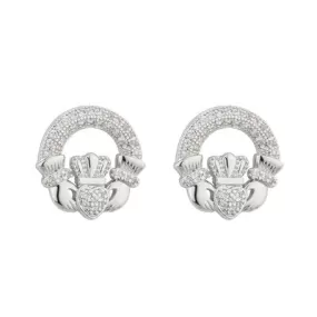 Rhodium Crystal Claddagh Stud Earrings