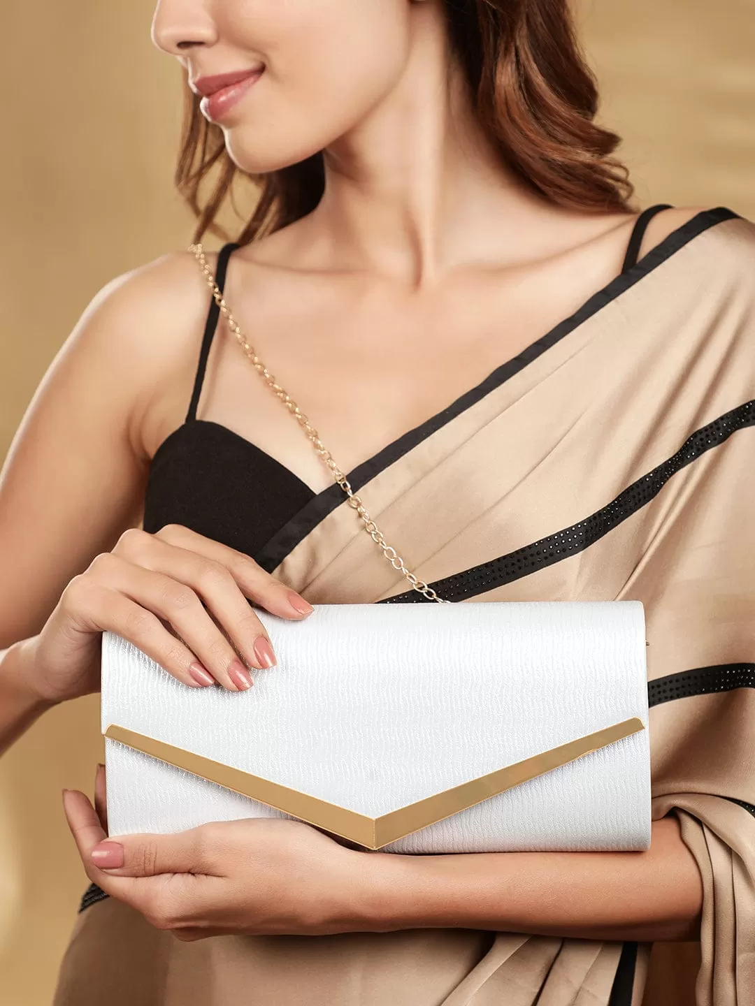 Rubans Chic Simplicity Handcrafted Beige Textured Glossy Finish Clutch Bag