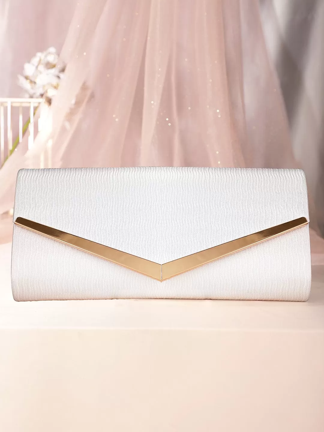 Rubans Chic Simplicity Handcrafted Beige Textured Glossy Finish Clutch Bag