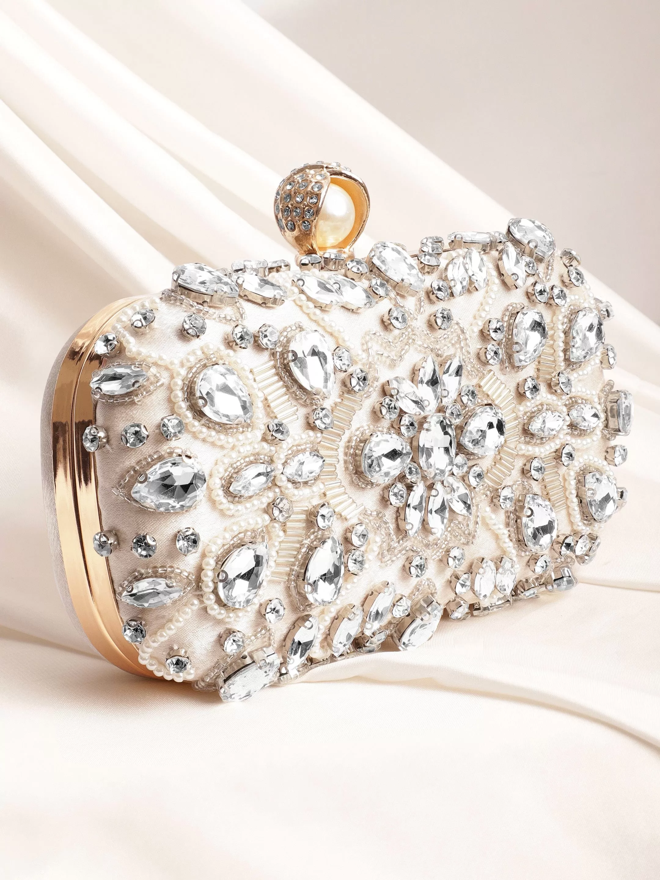 Rubans Cream bag studded with bold crystals exquisite clutch handbag