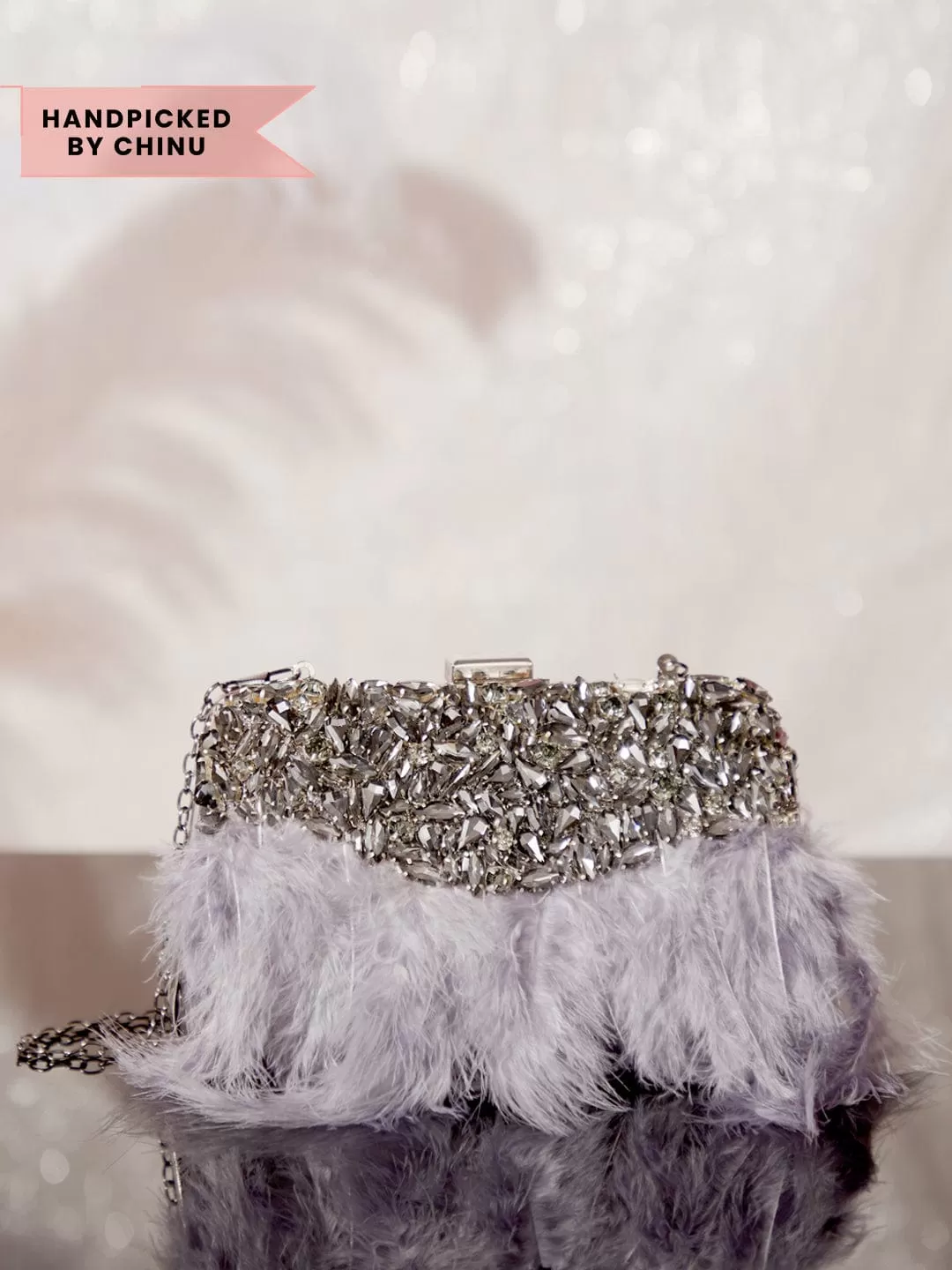 Rubans Grey Colour Clutch Bag With Studded Stone And Grey Fur.