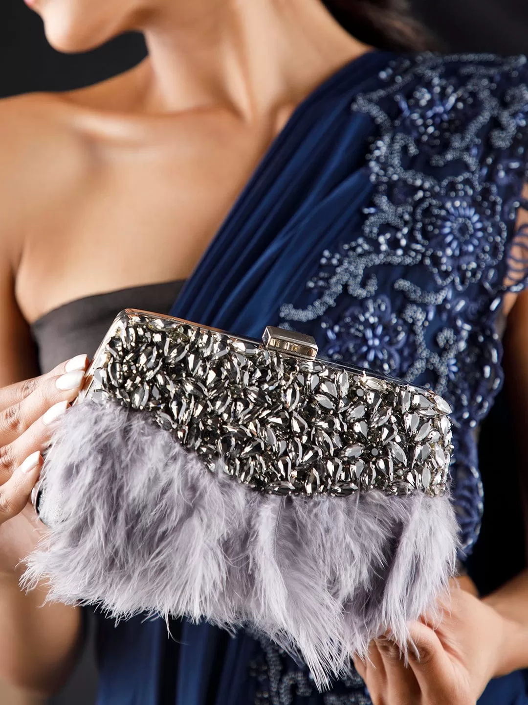 Rubans Grey Colour Clutch Bag With Studded Stone And Grey Fur.