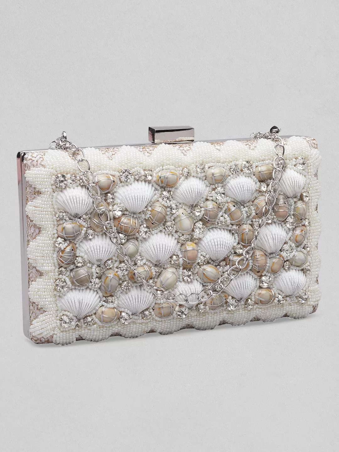 Rubans Off White Coloured Clutch Bag With Shells And Embroided White Design.