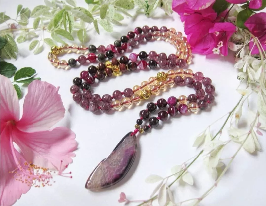 SALE - Garnet, Lepidolite, Aura Angel Quartz Necklace w/ Red Fuchsia Agate Pendant