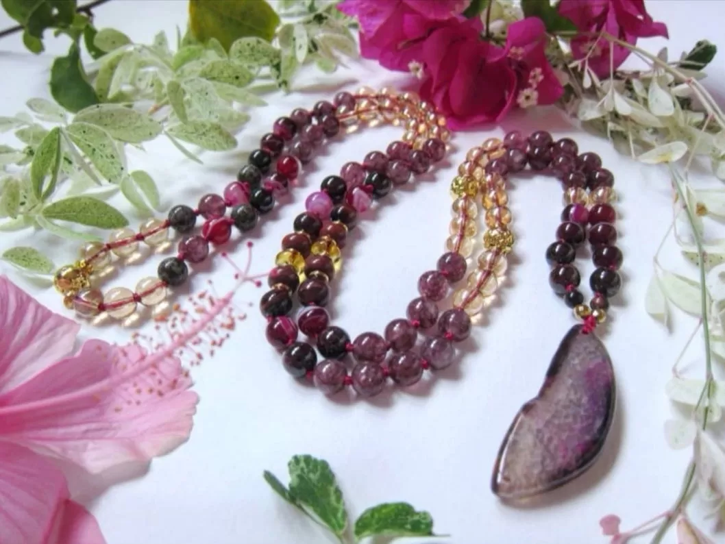 SALE - Garnet, Lepidolite, Aura Angel Quartz Necklace w/ Red Fuchsia Agate Pendant