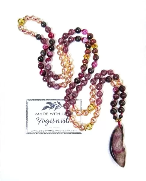 SALE - Garnet, Lepidolite, Aura Angel Quartz Necklace w/ Red Fuchsia Agate Pendant