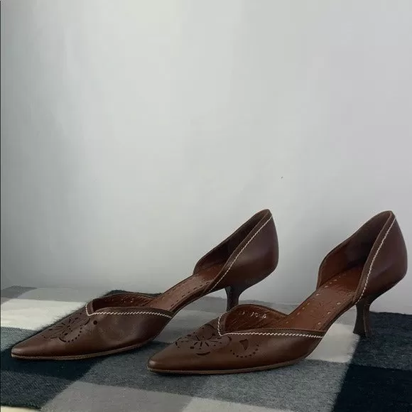 Salvatore Ferragamo Brown Pierced KittenHeelPumps