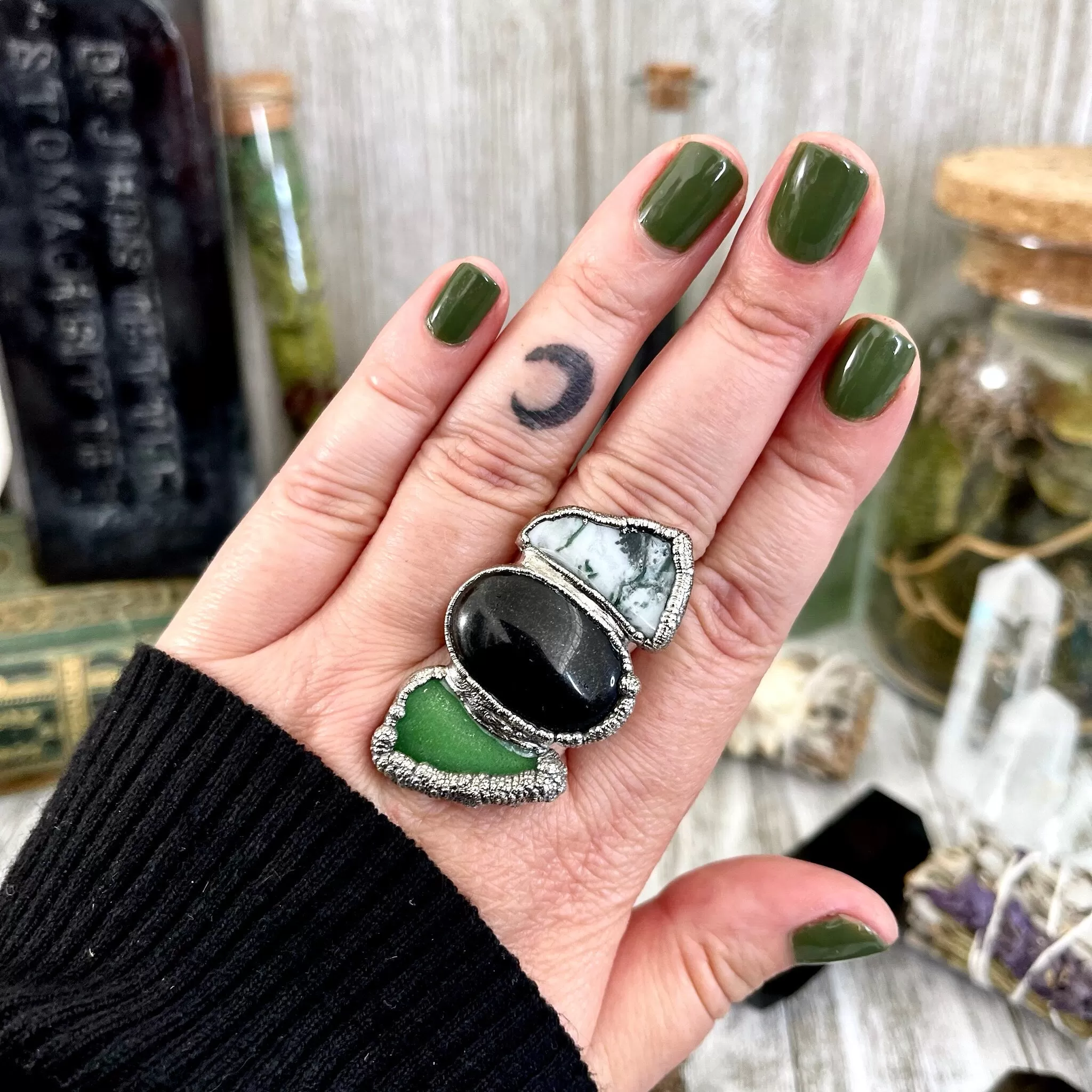 Size 8 Crystal Ring - Three Stone Black Onyx Sea Glass Moss Agate Ring Sliver / Foxlark Collection - One of a Kind