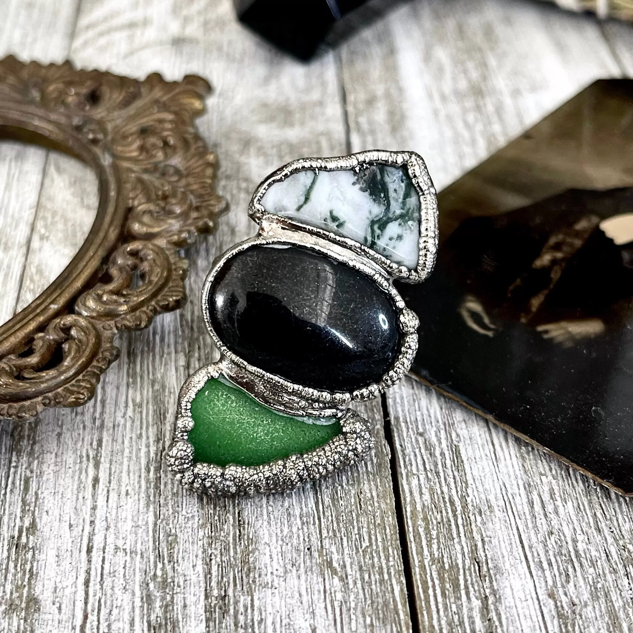 Size 8 Crystal Ring - Three Stone Black Onyx Sea Glass Moss Agate Ring Sliver / Foxlark Collection - One of a Kind