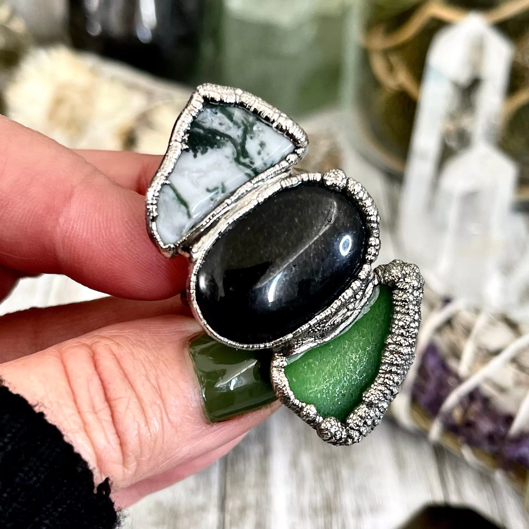 Size 8 Crystal Ring - Three Stone Black Onyx Sea Glass Moss Agate Ring Sliver / Foxlark Collection - One of a Kind