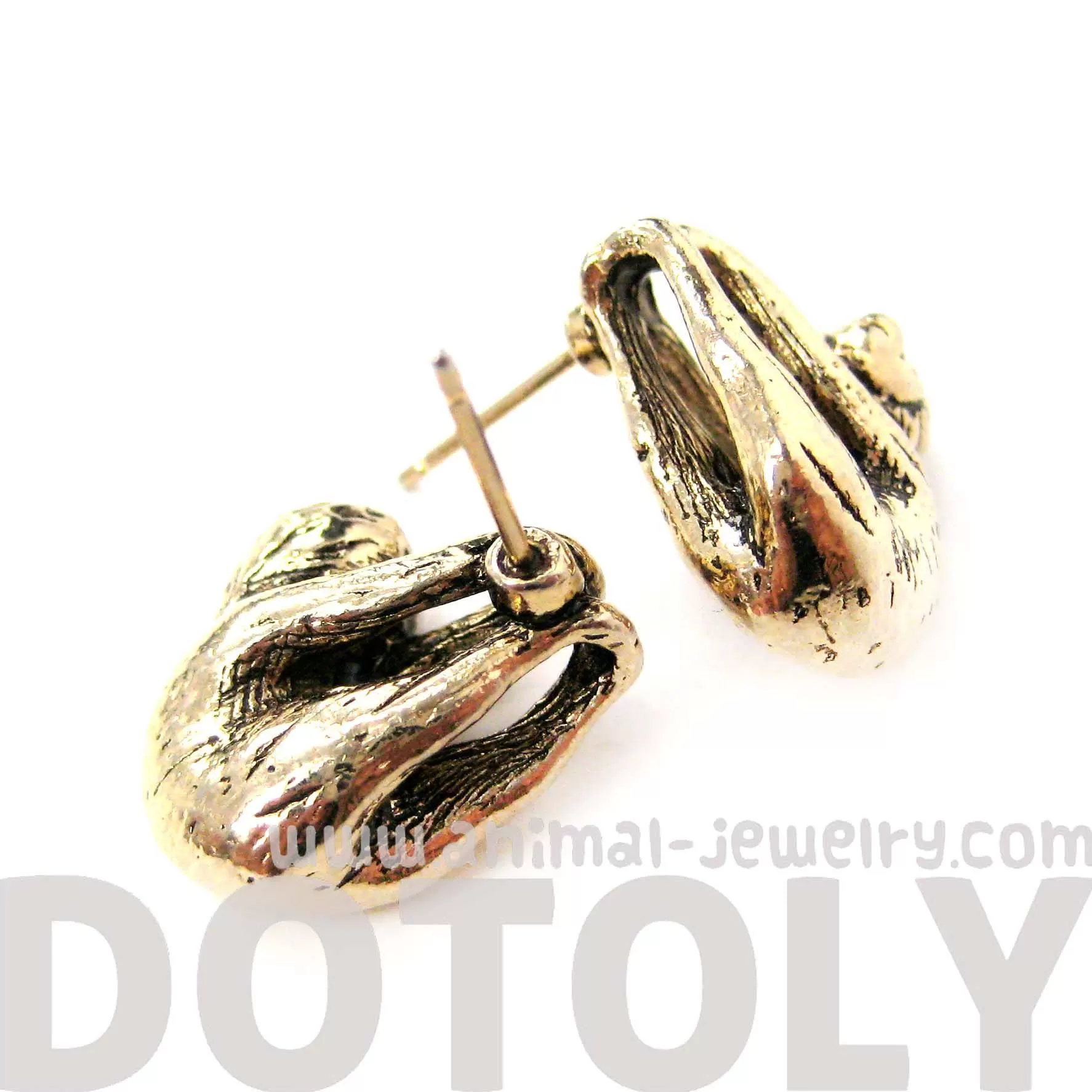 Sloth Shaped Animal Stud Earrings in Shiny Gold | Animal Jewelry