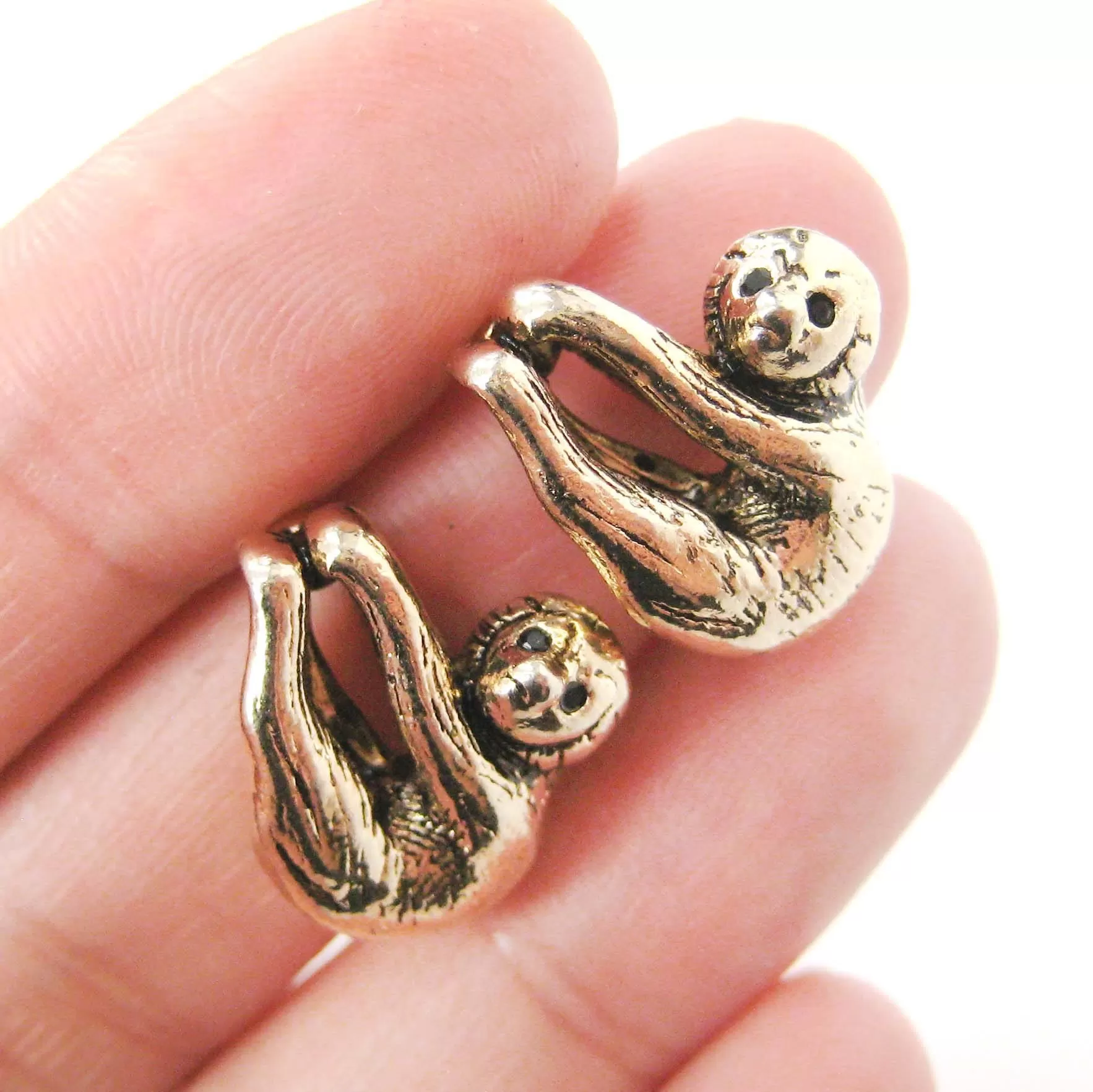 Sloth Shaped Animal Stud Earrings in Shiny Gold | Animal Jewelry