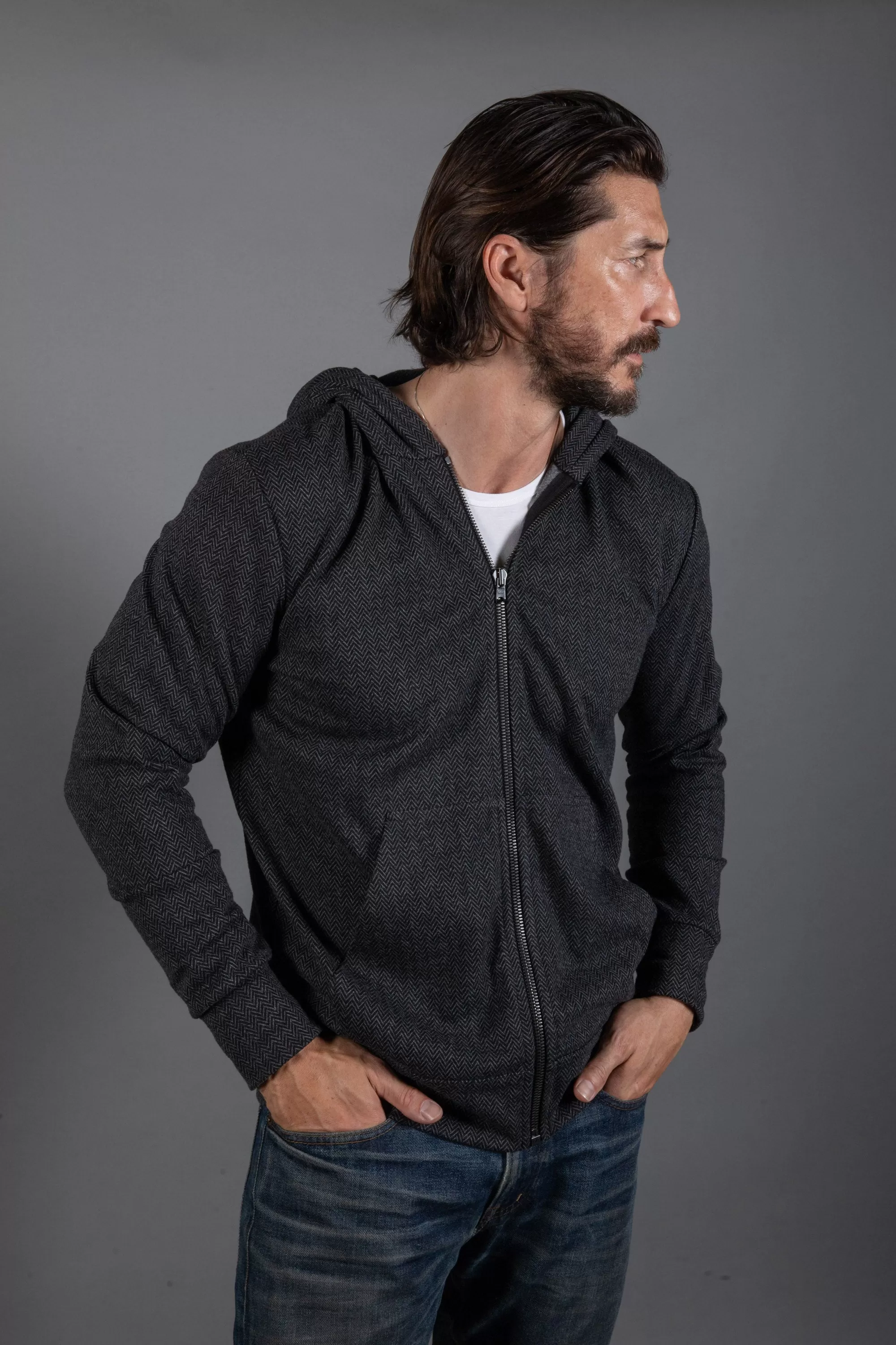 Spencer Herringbone Zip Front Hoodie