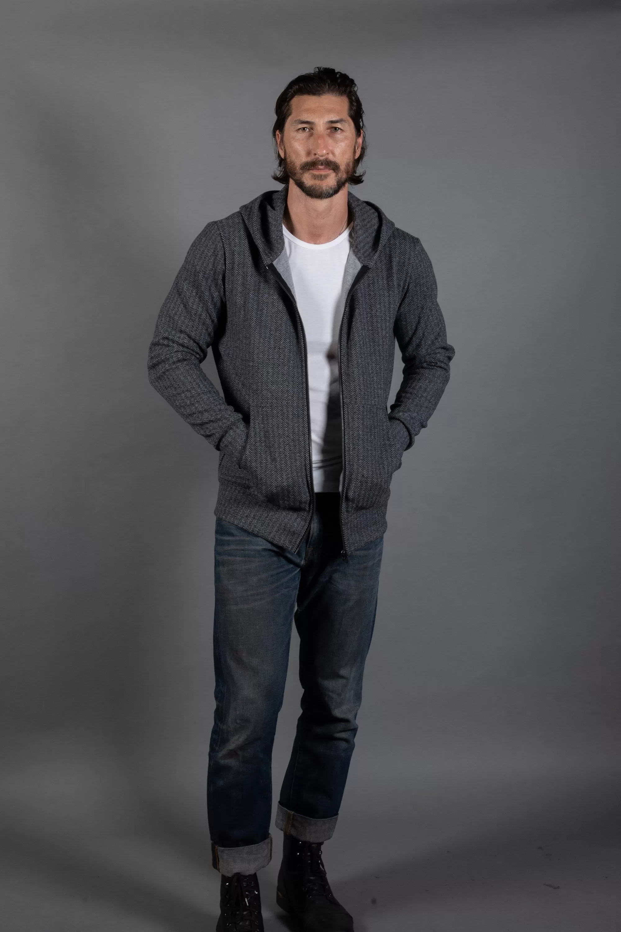 Spencer Herringbone Zip Front Hoodie