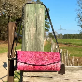 The Antonio Tooled Leather Clutch/shoulder bag in Pink