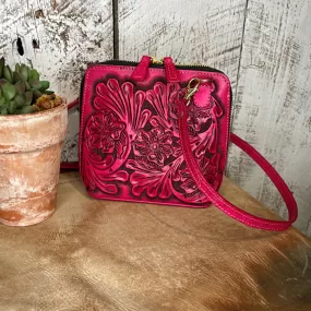 The Catalina Tooled Leather Crossbody in Hot Pink