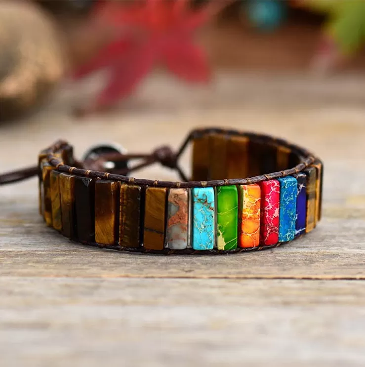 Tiger Eye, Jasper Tubestone Leather Wrap Bracelet (men's size available)