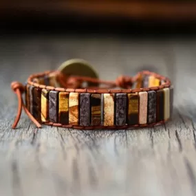 Tiger Eye, Jasper Tubestone Leather Wrap Bracelet (men's size available)