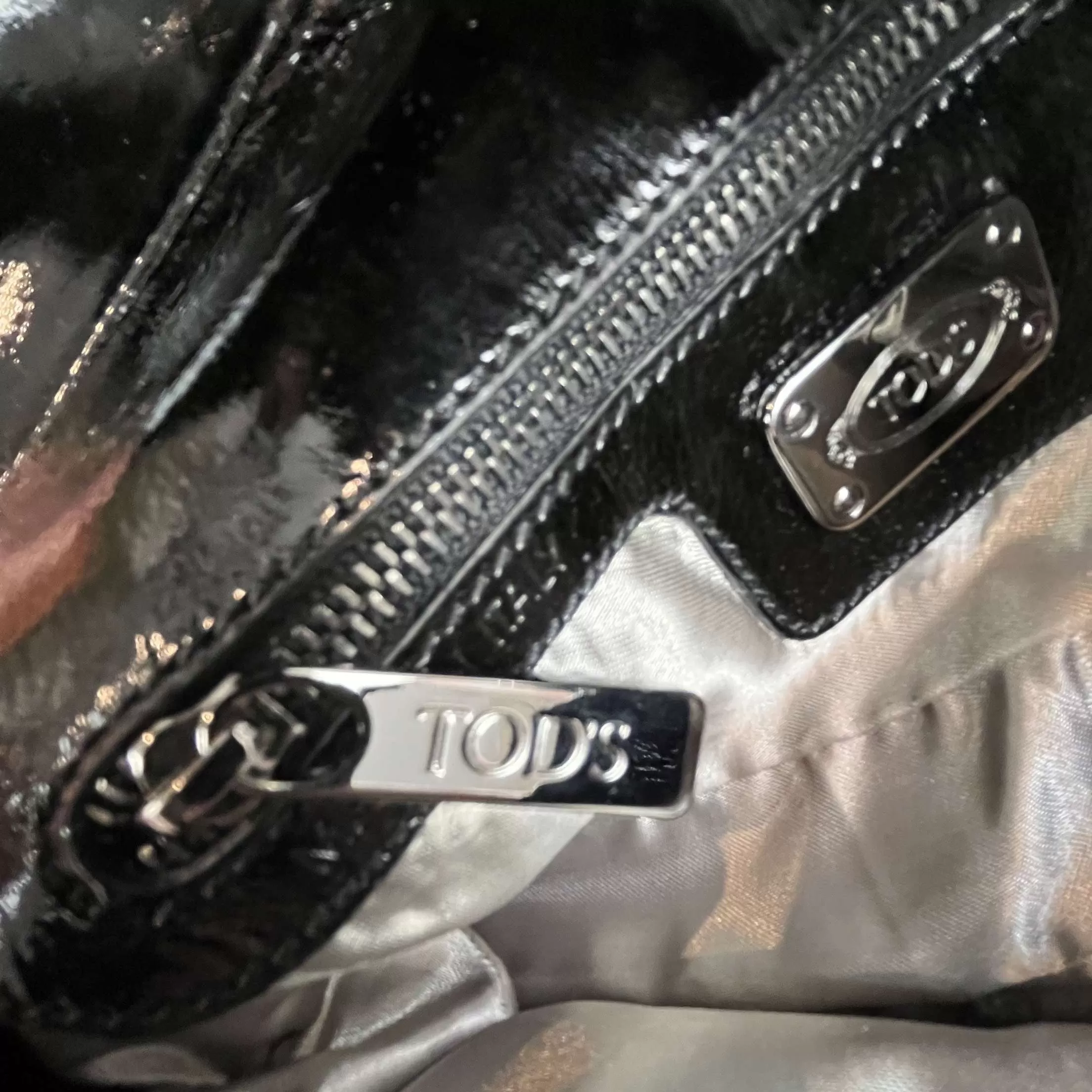 Tods Black Embossed Wet-Look Leather Evening Bag