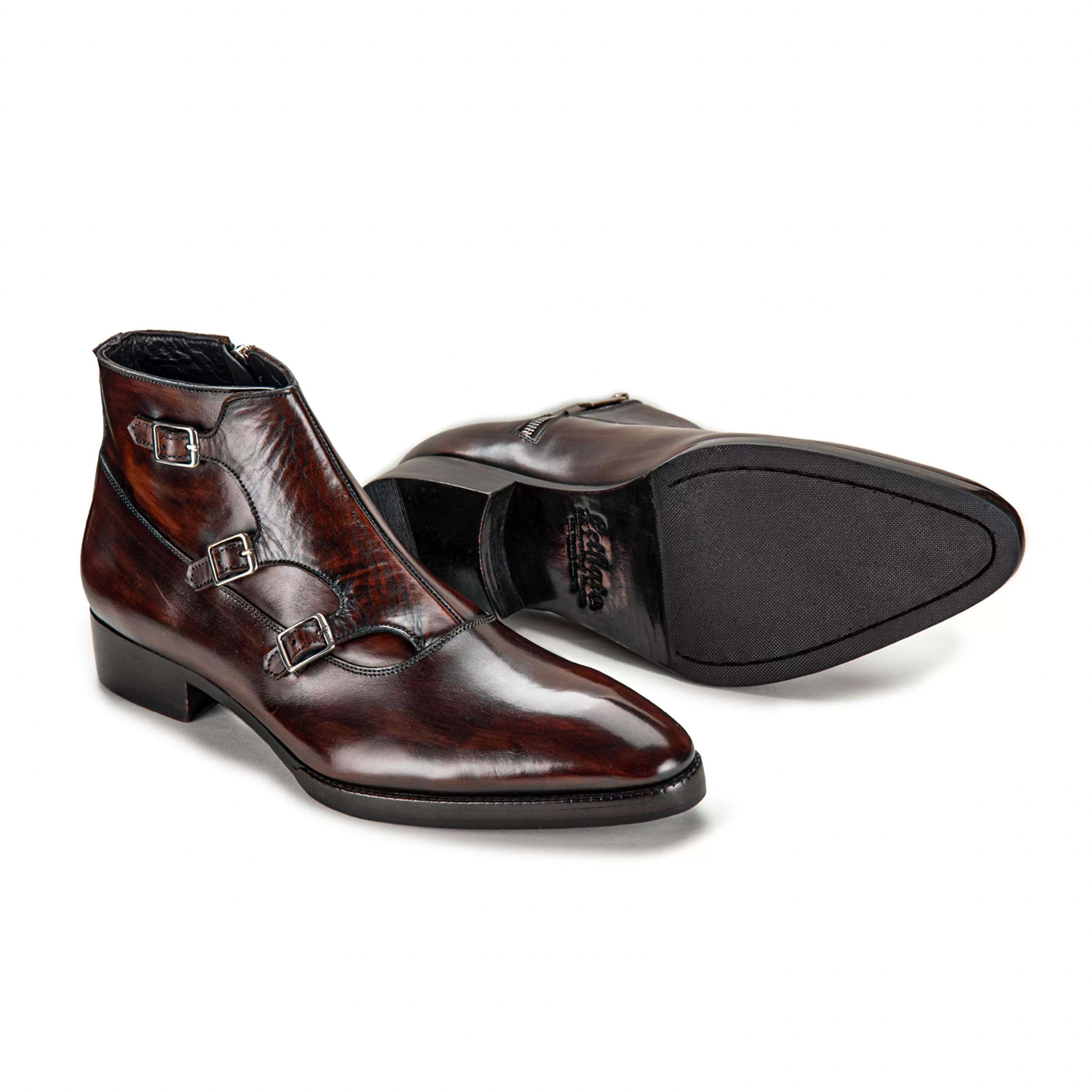 Triple Monk Strap Zipper Boots - Dark Brown