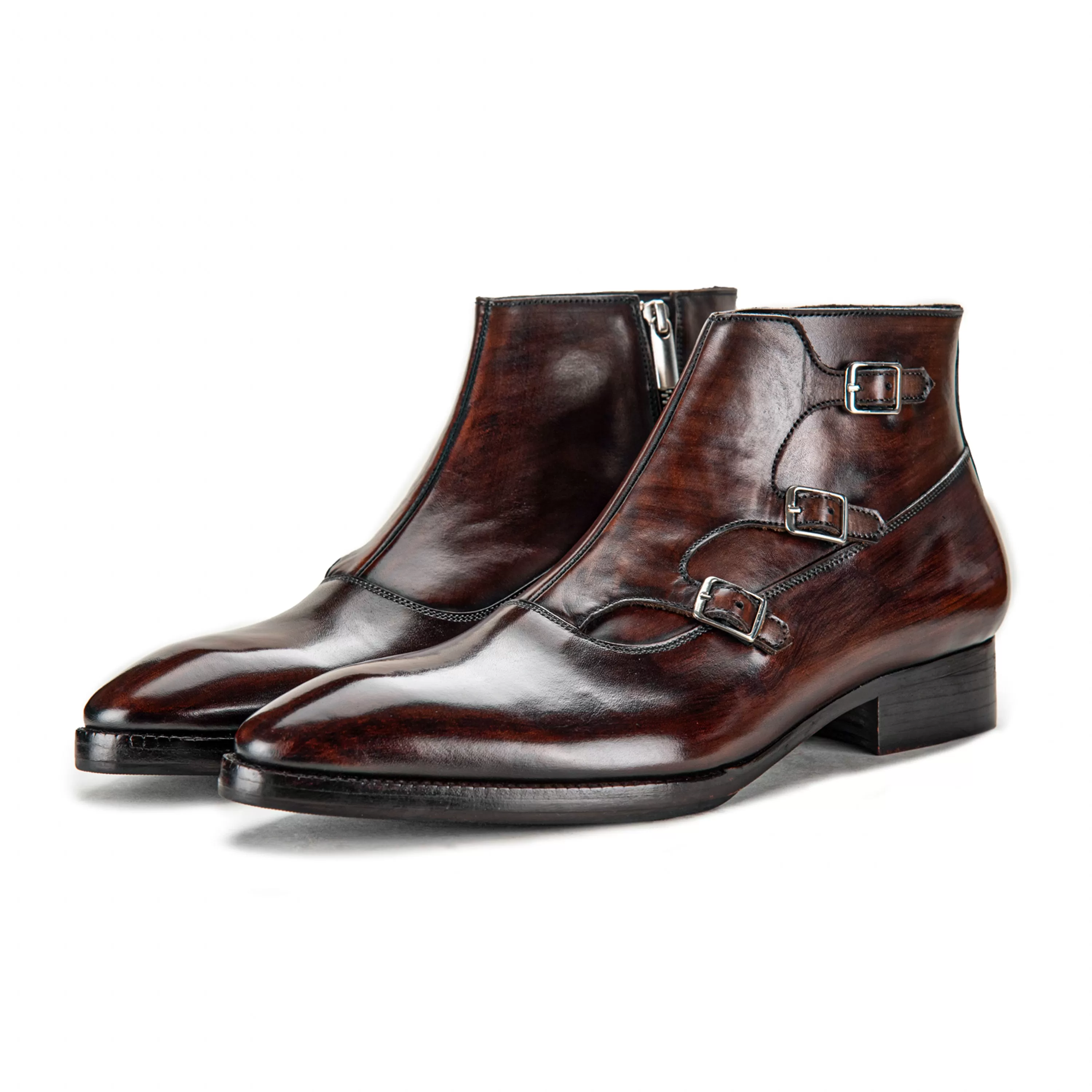 Triple Monk Strap Zipper Boots - Dark Brown