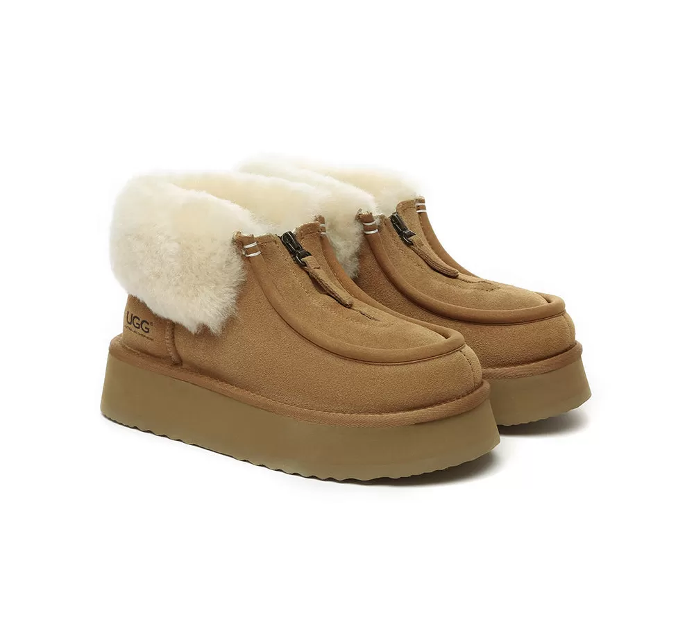 UGG AUSTRALIAN SHEPHERD Sheepskin Wool Collar Zipper Platform Mini Ankle Boots