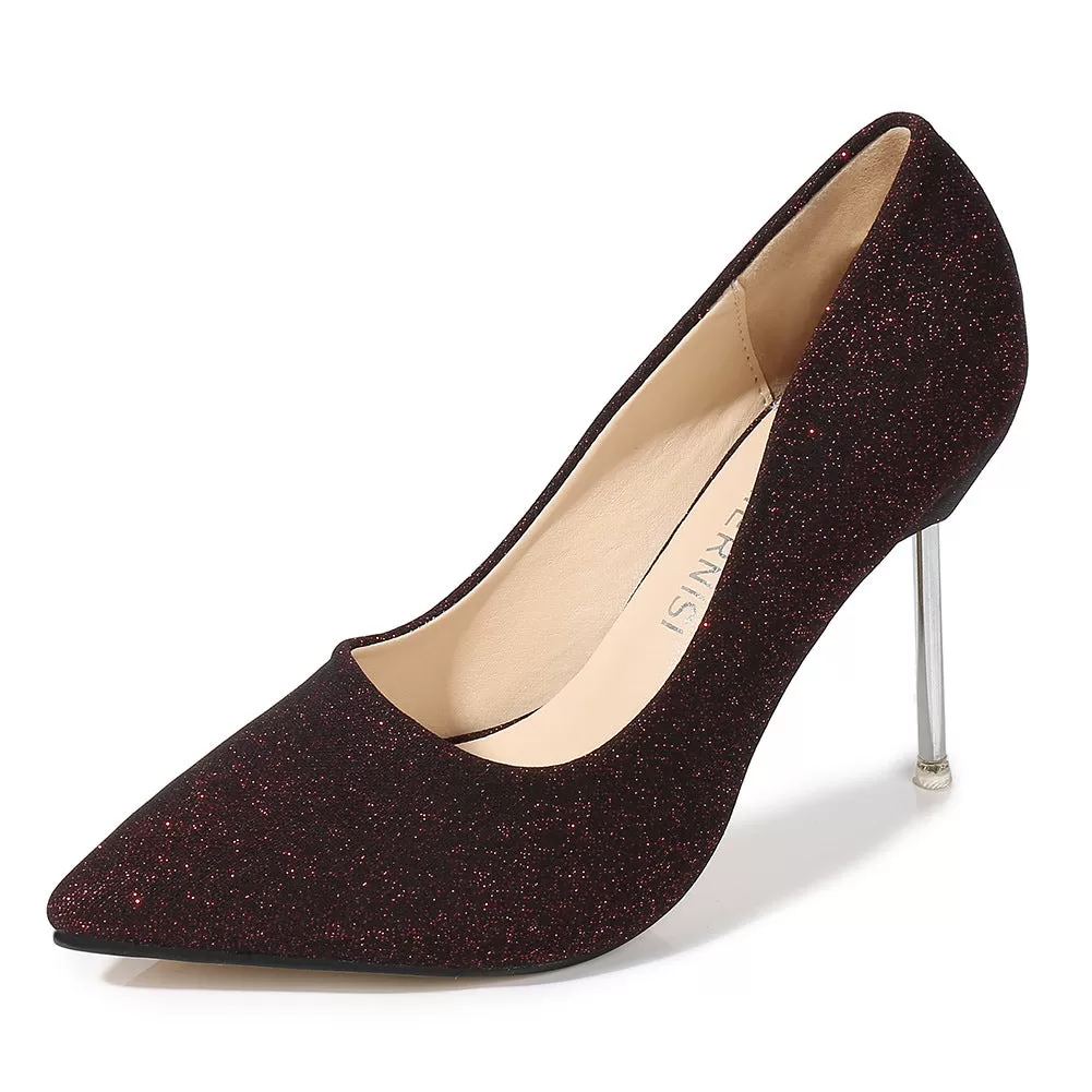 Women's Glittery Pointed Toe Shallow Stiletto Heel Pumps