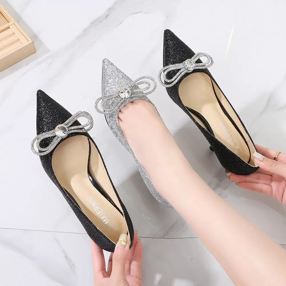 Women's Glittery Rhinestone Bow Tie Shallow Stiletto Heel Pumps