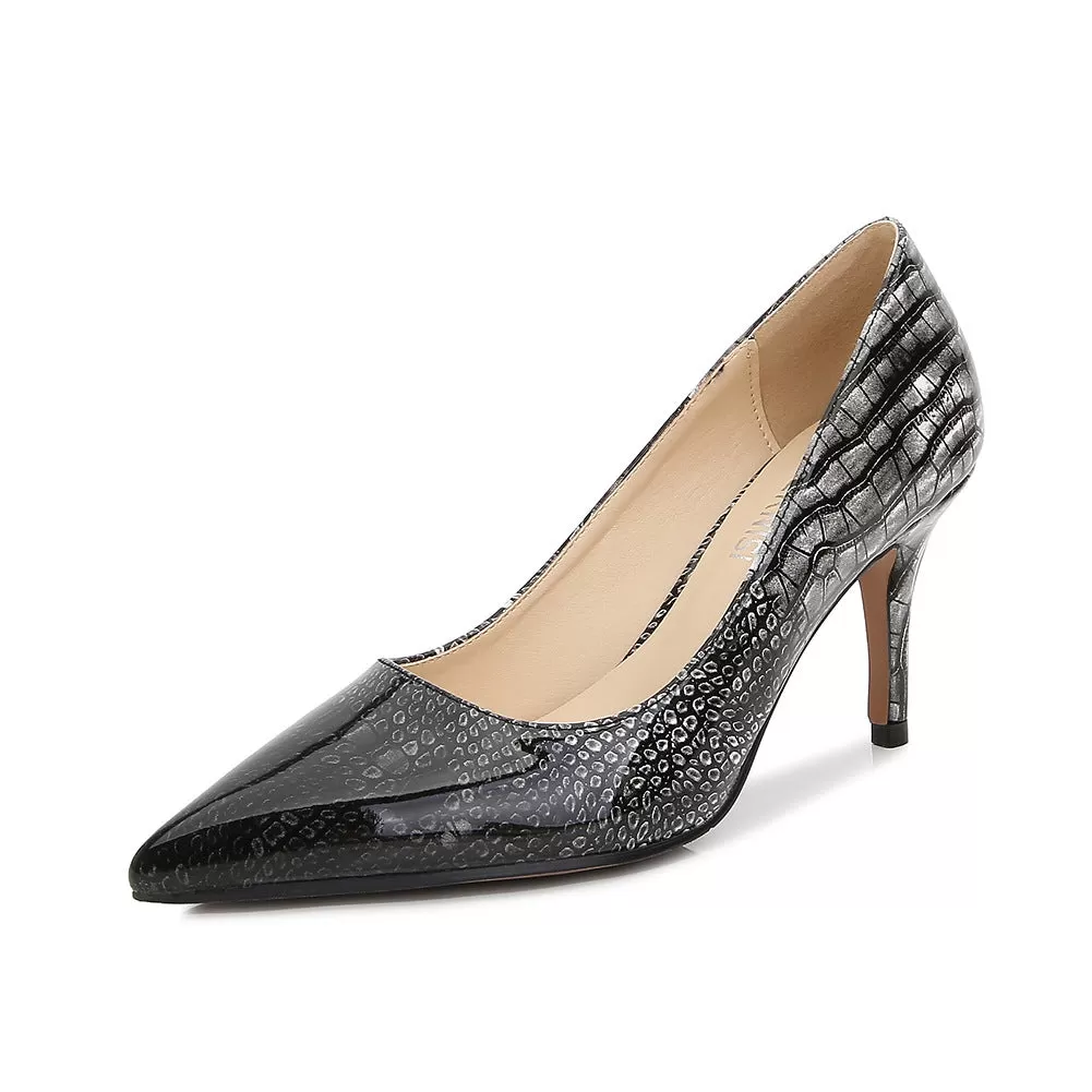 Women's Glossy Snake Printed Shallow Stiletto Heel Pumps